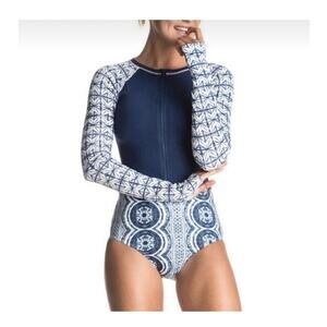 ROXY Navy Blue Aztec Print Long Sleeve Zip Up One Piece Swimsuit Small